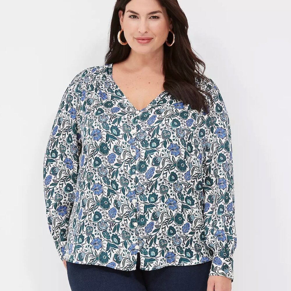 Lane Bryant Green and Blue Floral Long Sleeve Blouse Size 22/24 Women's Plus